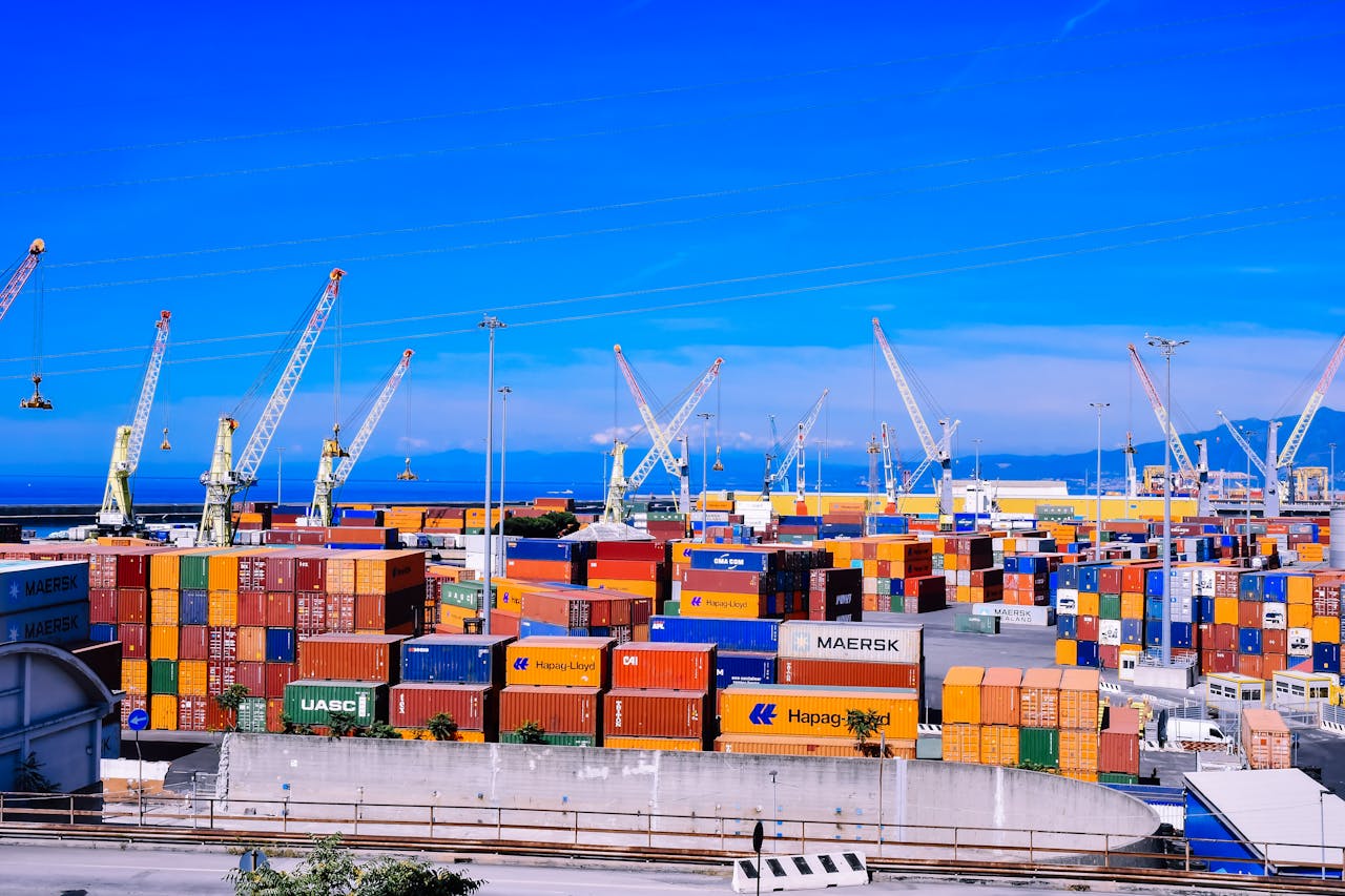 services-02 A bustling shipping port with colorful stacked containers and numerous cranes under a clear blue sky.